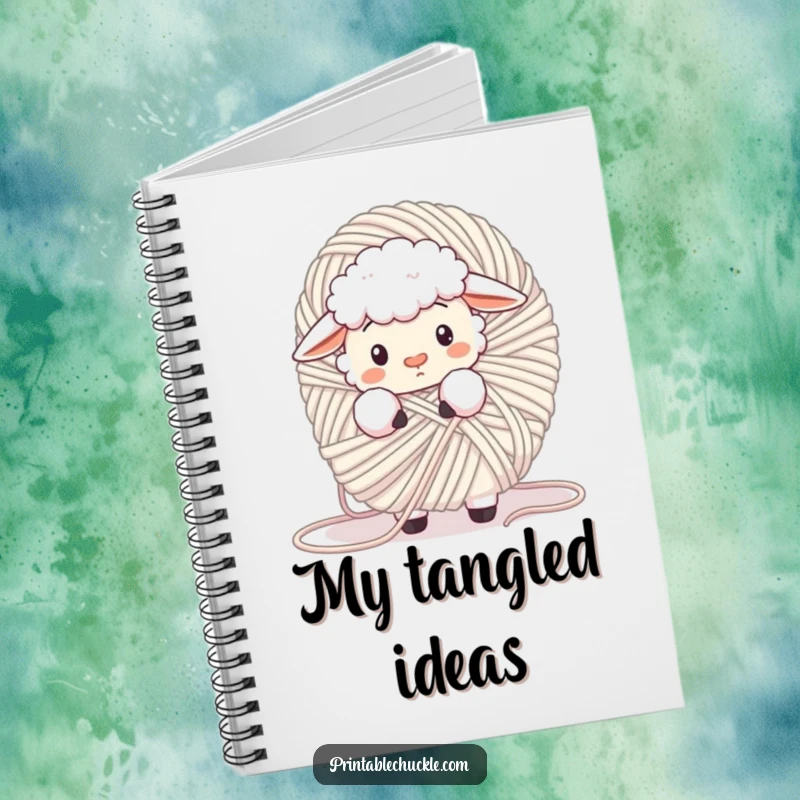 Funny fluffy sheep tangled in a giant ball of yarn, looking confused on the cover of a notebook, for humorous note-taking.