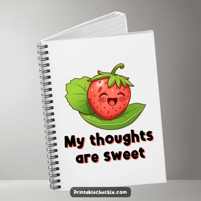 Funny notebook cover featuring a delighted strawberry floating on its leaf, offering a cheerful and practical space for notes and creativity.