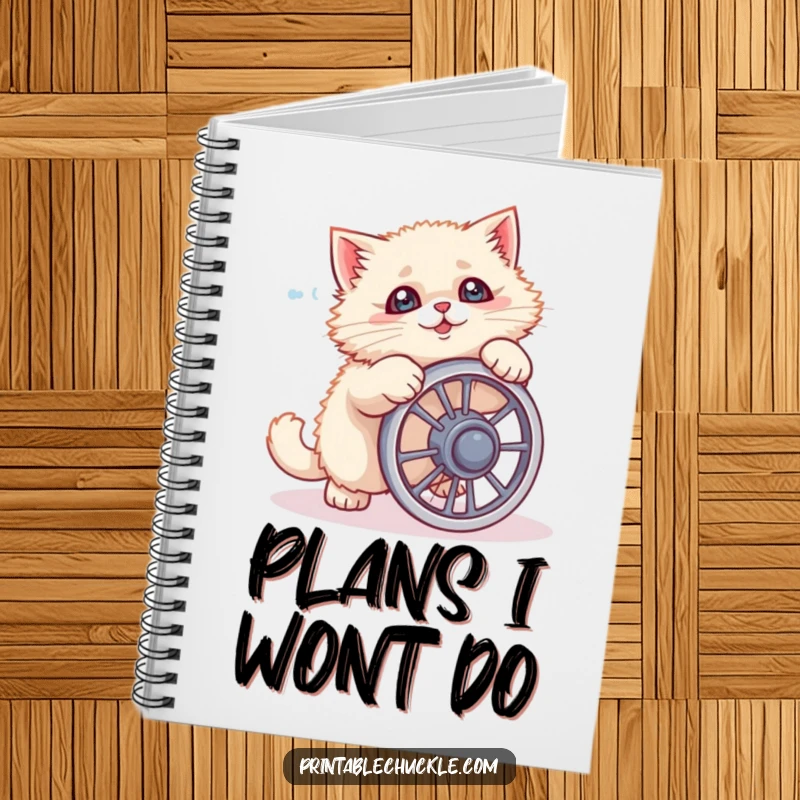Funny cat notebook showing a fluffy cat comically failing with a tiny ab wheel, ideal for writing.