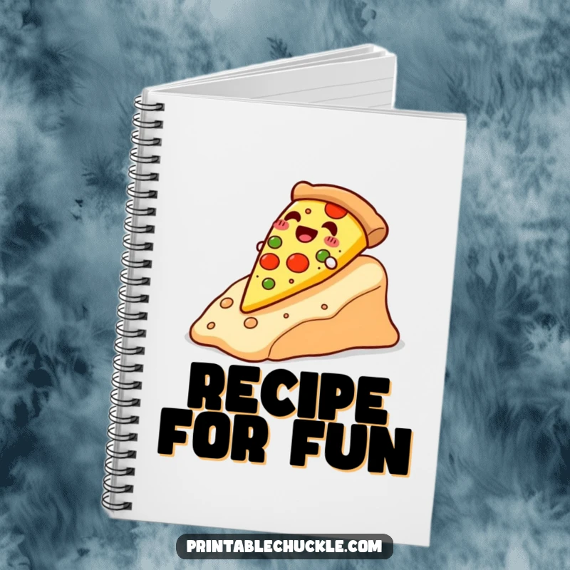 Funny happy pizza slice sliding down a cheese slope, on a funny notebook cover, ready for delicious notes, a useful funny gift.