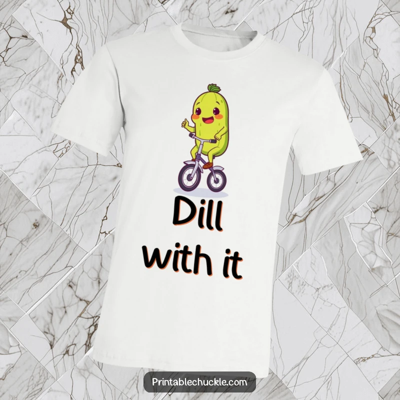 Funny t-shirt with a proud pickle comically struggling to balance on a small unicycle, representing effort and humor.