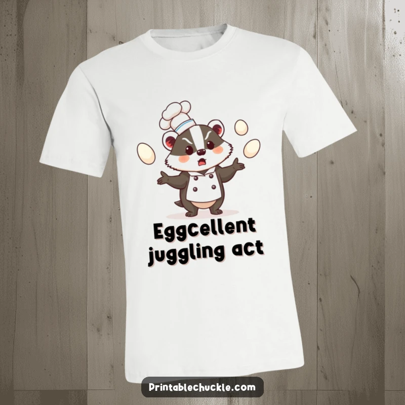 Funny t-shirt featuring a bewildered badger wearing a chef hat while juggling eggs, hilarious funny gift.