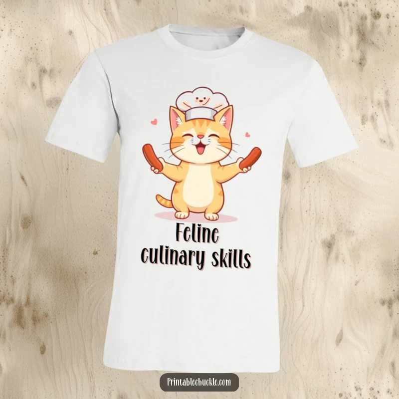 Funny t-shirt depicting a cat chef comically juggling spinning hot dogs, perfect for showcasing quirky humor and love for pets.