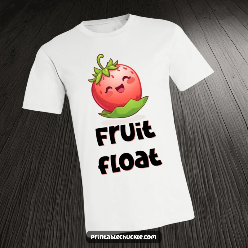 Funny strawberry t-shirt, a happy berry floating precariously on its leaf, showcasing lighthearted fun and optimism.