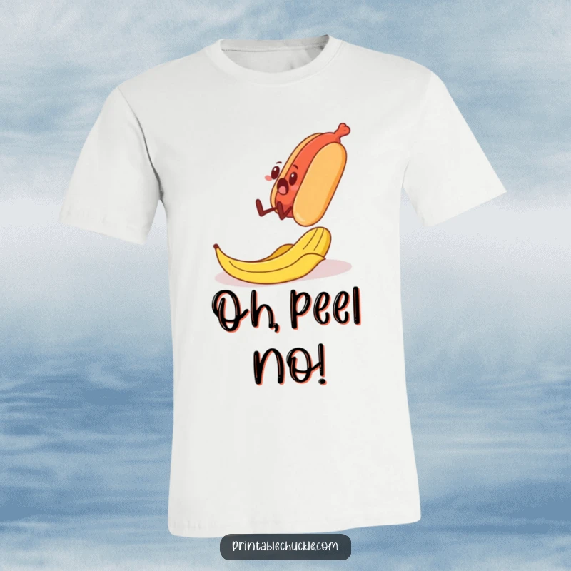 Funny t-shirt graphic of a surprised banana peel sliding under a strutting hot dog, capturing a moment of comical chaos.