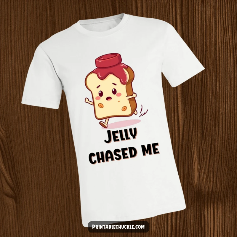 Funny t-shirt depicting a convinced bread slice character being chased by a giggling jar of jam, perfect for humorous breakfast-themed apparel.