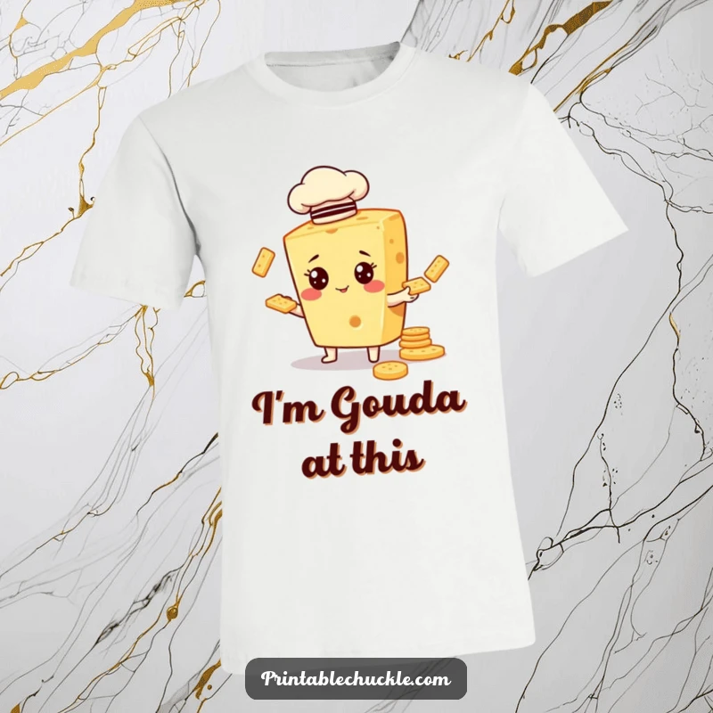 Funny t-shirt graphic of a cheese character in a chef hat, hilariously attempting to juggle crackers with impressive dexterity.