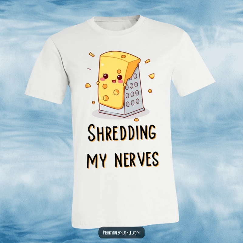 Funny t-shirt featuring a slice of cheese stuck in a cheese grater, hilarious funny gift for food lovers.
