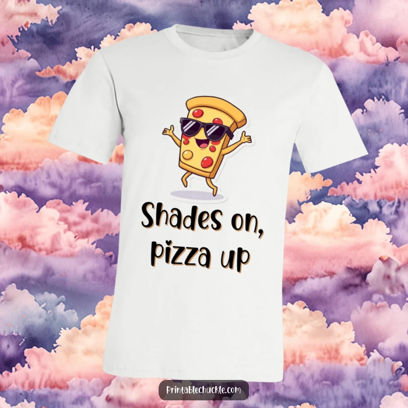Funny t-shirt of a pizza slice wearing sunglasses, showing off impressive breakdancing moves with style and energy.
