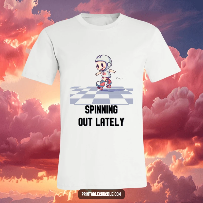 Funny t-shirt graphic of a roller skate character spinning rapidly with motion lines on a checkered floor, conveying dizziness.