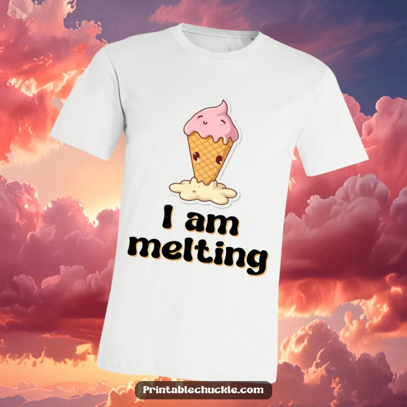 Funny t-shirt featuring a melting ice cream cone captured mid-dramatic, hilarious fall, perfect for sweet humor.