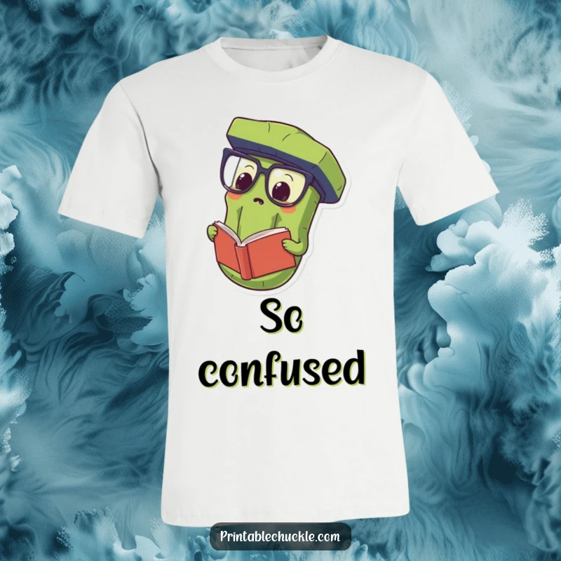 Funny T-Shirt depicting a proud pickle wearing oversized spectacles and reading a book upside down, celebrating amusing intellect.
