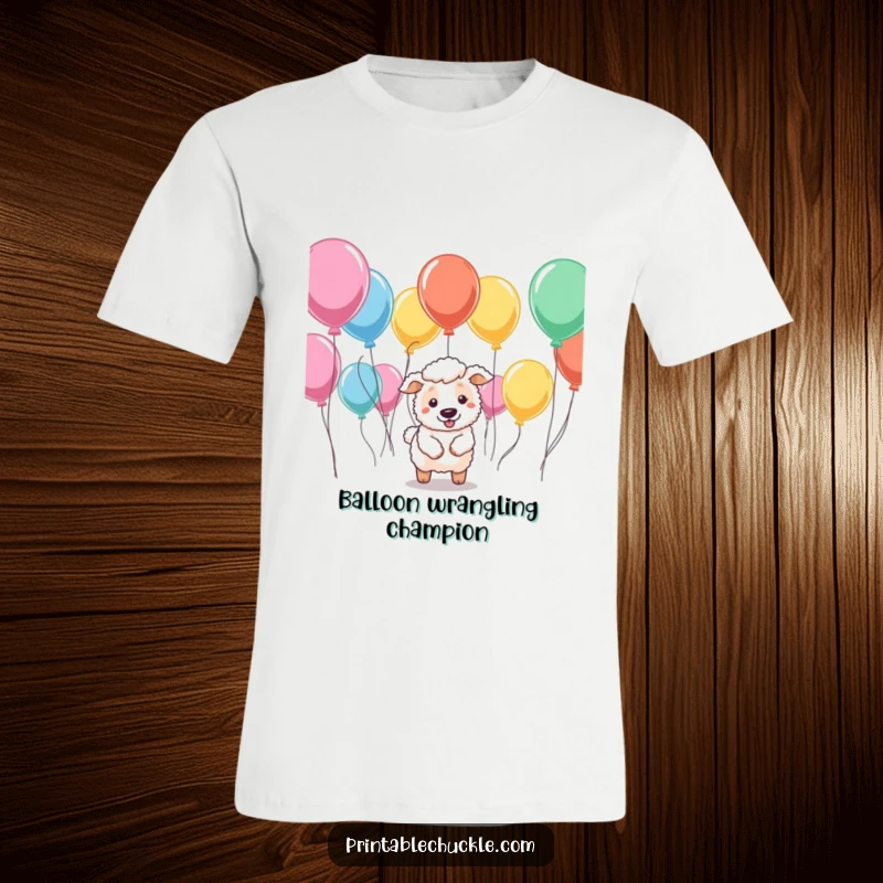 Funny T-shirt featuring a sheepdog attempting to herd a group of unruly balloons, portraying a comical challenge of control.