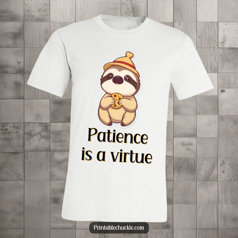 Funny t-shirt: a lazy sloth in a small hat, reaching for a cookie, perfect for casual, humorous wear.