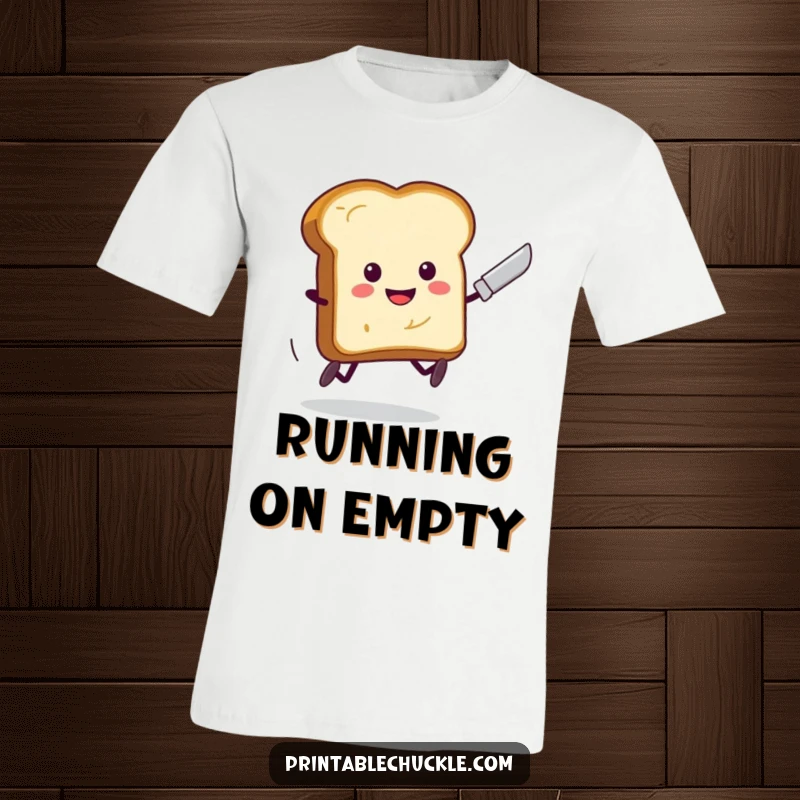 Funny Toast Running Butter Knife T-Shirt: A smiling piece of toast with legs is caught mid-sprint, fleeing a sharp butter knife.