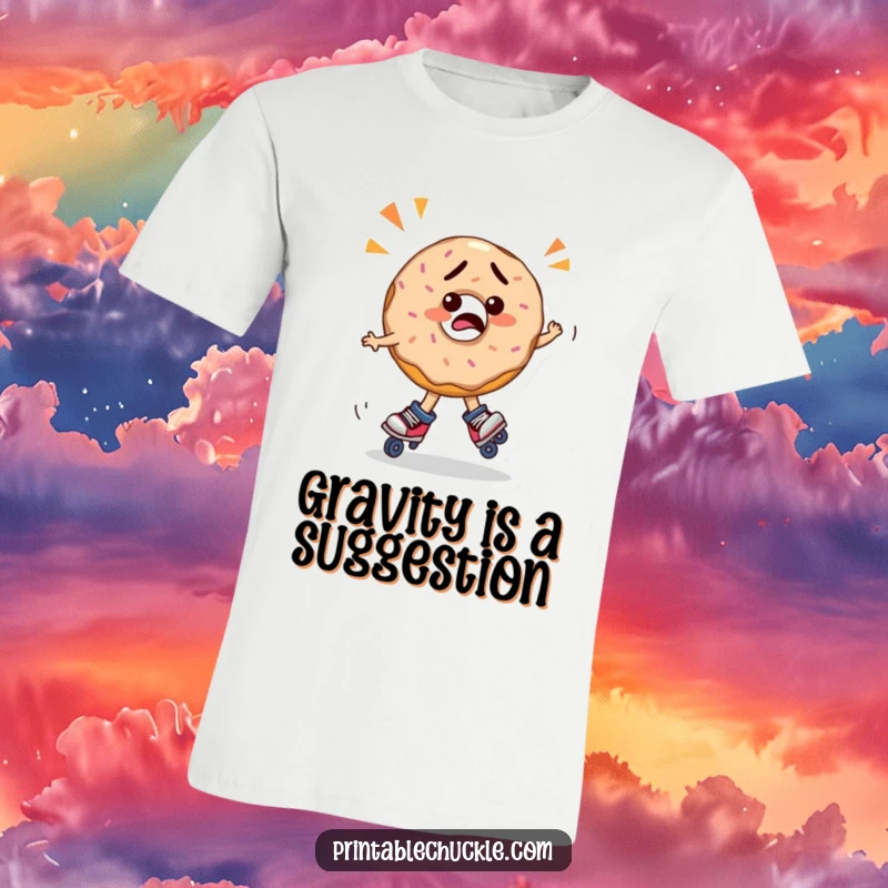 Funny confused donut on roller skates, spinning wildly with a look of utter bewilderment, making this a funny t-shirt gift.