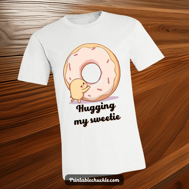 Funny t-shirt featuring a shy donut trying to hug a giant, smiling doughnut hole, representing affection.