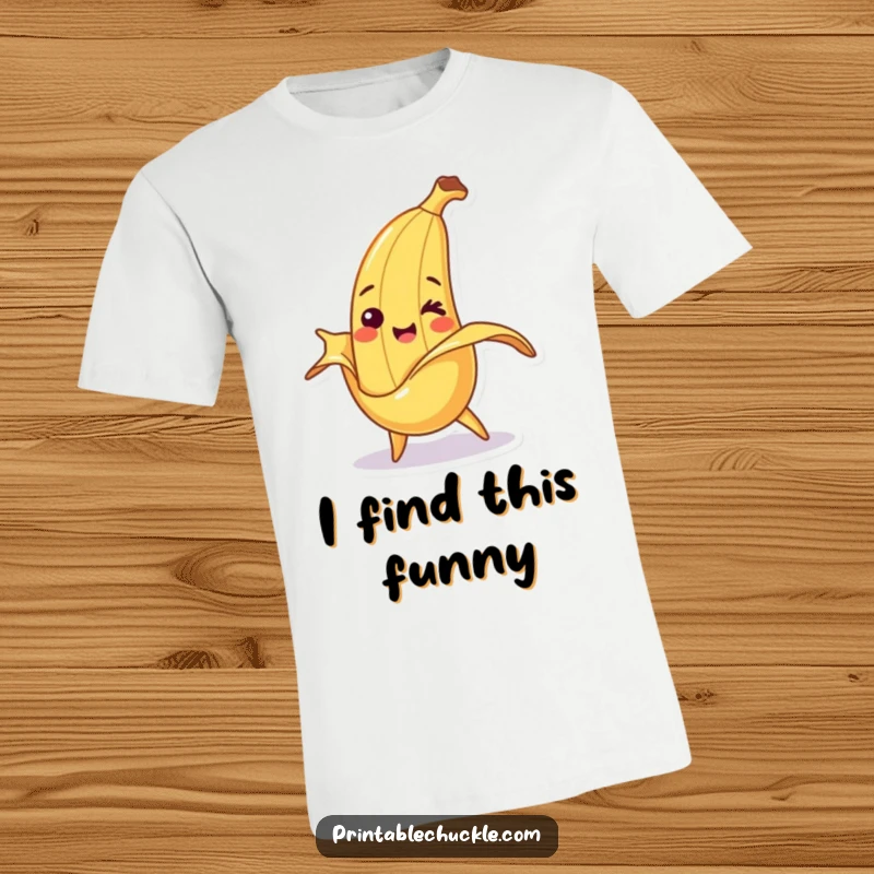 Funny t-shirt with a smiling banana character comically tripping over its own peel, conveying cheerful clumsiness.