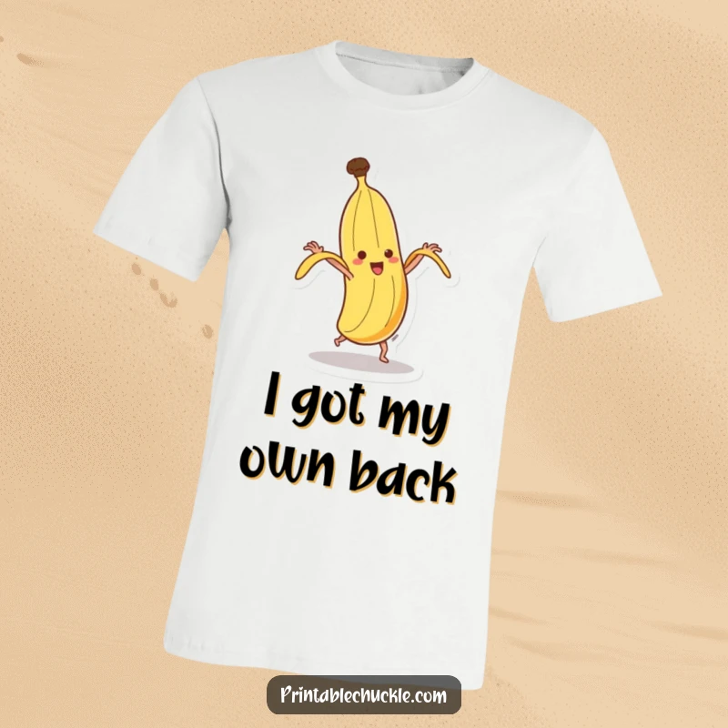 Funny dancing banana t-shirt, humorously attempting to peel its own skin while spinning, a vibrant and silly graphic.
