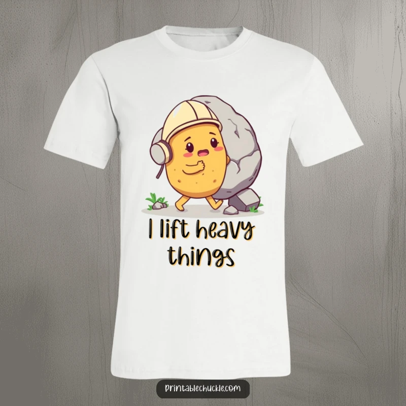 Funny determined potato in a tiny helmet, pushing a gigantic boulder, printed on a tee, representing hilarious effort, a funny gift.