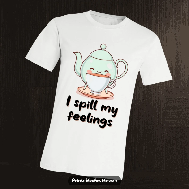 Funny cheerful teapot on legs, struggling to balance a teacup, printed on a tee, symbolizing delightful clumsiness, a funny gift.