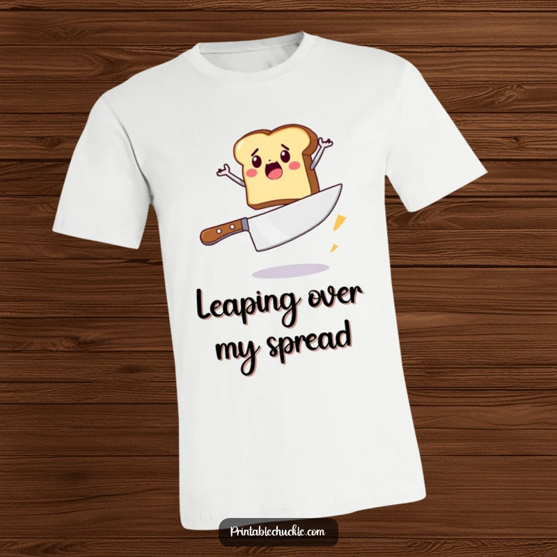 Funny T-shirt depicting a determined piece of toast leaping over a giant butter knife, a hilarious representation of breakfast challenges.