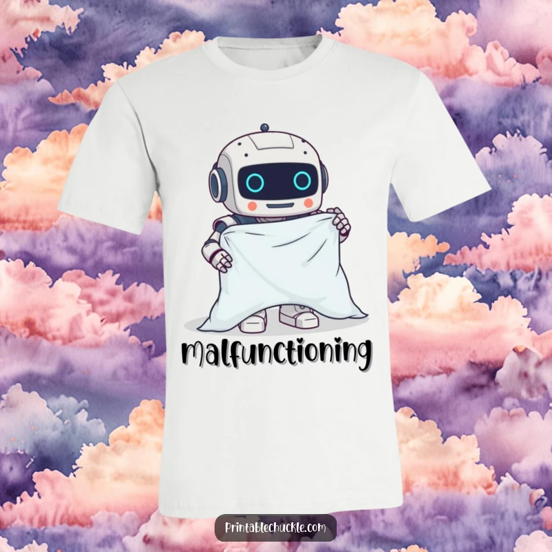 Funny t-shirt featuring a clumsy robot hilariously attempting to fold a fitted sheet, ideal for chore humor.