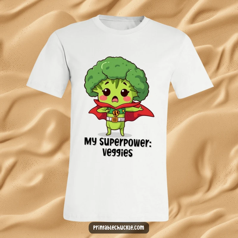Funny t-shirt with a surprised piece of broccoli wearing a superhero cape, an amusing gift for veggie lovers and heroes.
