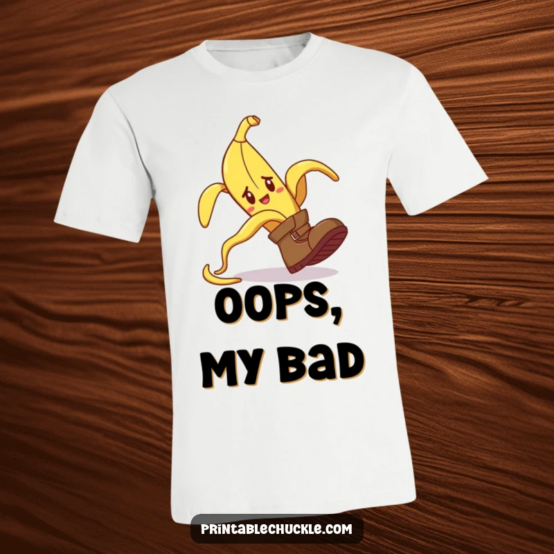 Funny t-shirt with a banana peel comically tripping a confused boot, a humorous apparel gift for comedy enthusiasts.