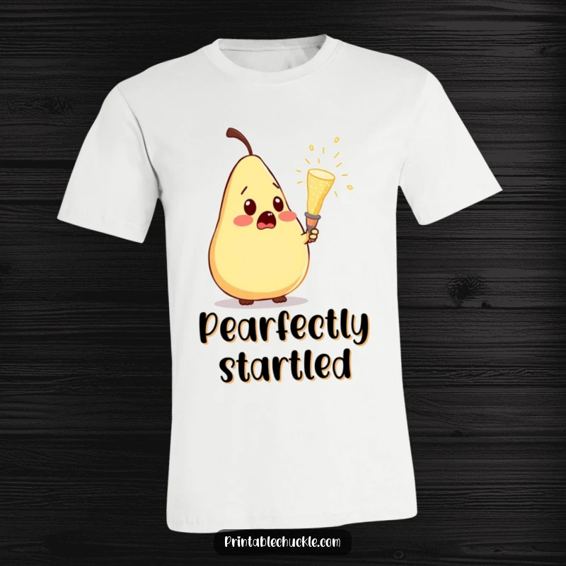 Funny t-shirt featuring a pear with wide eyes and a shocked look as a champagne cork pops dramatically, capturing hilarious surprise.