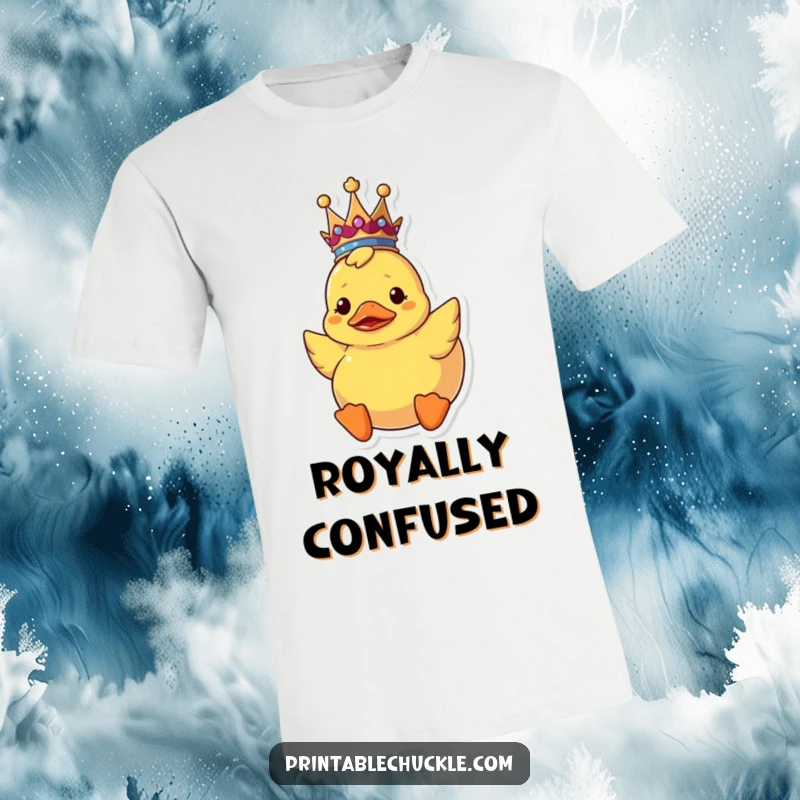 Funny upside down rubber duck t-shirt with a tiny crown, depicting a confused royal bath toy.