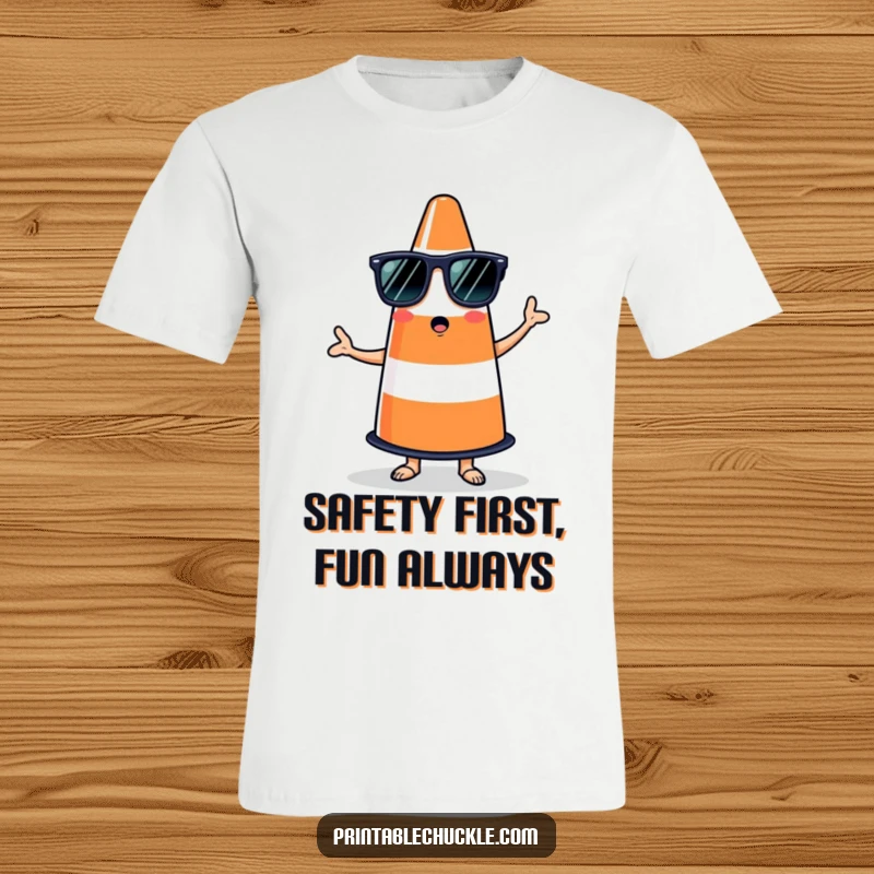 Funny t-shirt showcasing a confused traffic cone wearing sunglasses, striking a salsa pose with comical bewilderment.
