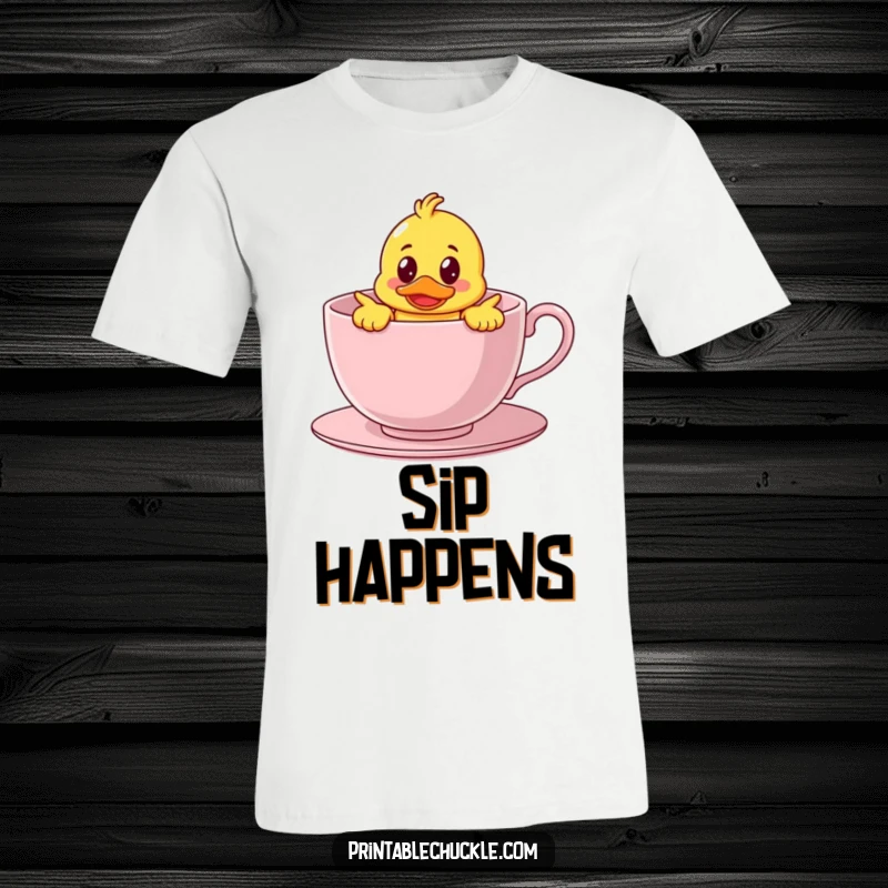 Funny t-shirt depicting a bewildered rubber duck character stuck inside a giant teacup, perfect for showcasing cute and humorous bath-time moments.