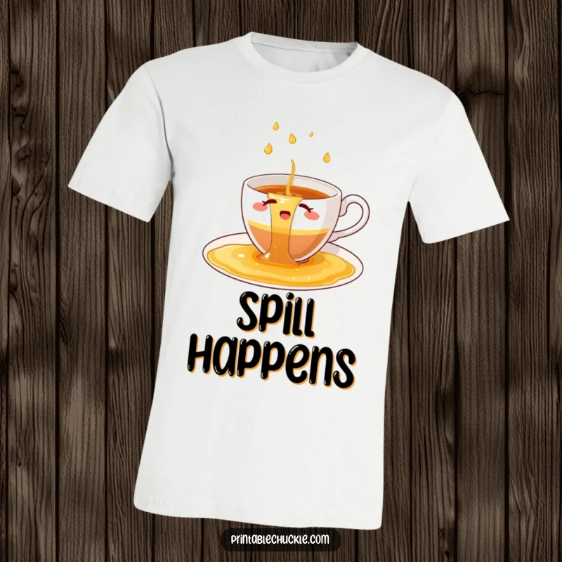 Funny t-shirt depicting a bewildered teacup failing to contain a giant waterfall of spilled tea.