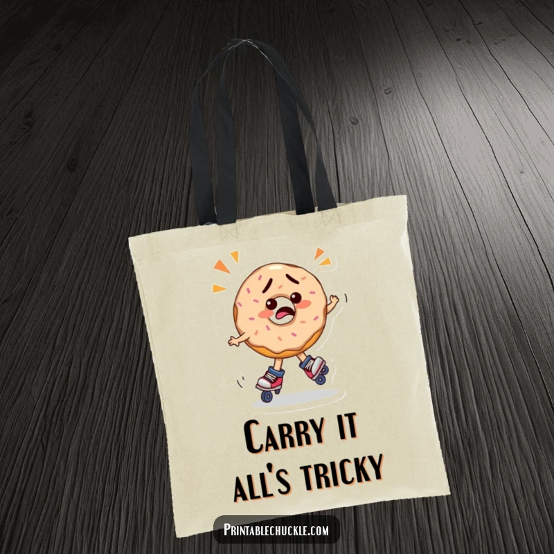 Funny confused donut on roller skates, spinning in a comical, dizzying motion, featured on a durable tote bag, a funny gift.