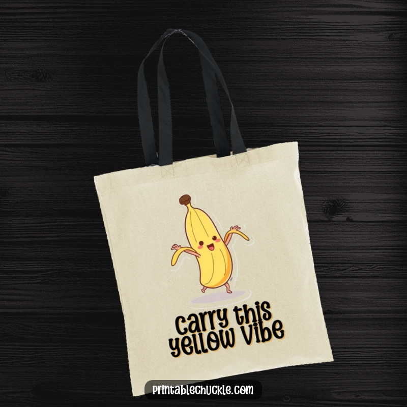 Funny dancing banana tote bag, caught in a comical spin while trying to peel itself, a quirky and useful accessory.