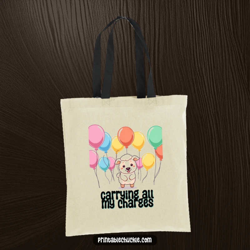 Funny tote bag illustrating a sheepdog trying to herd a bunch of disobedient balloons, a humorous and practical accessory.