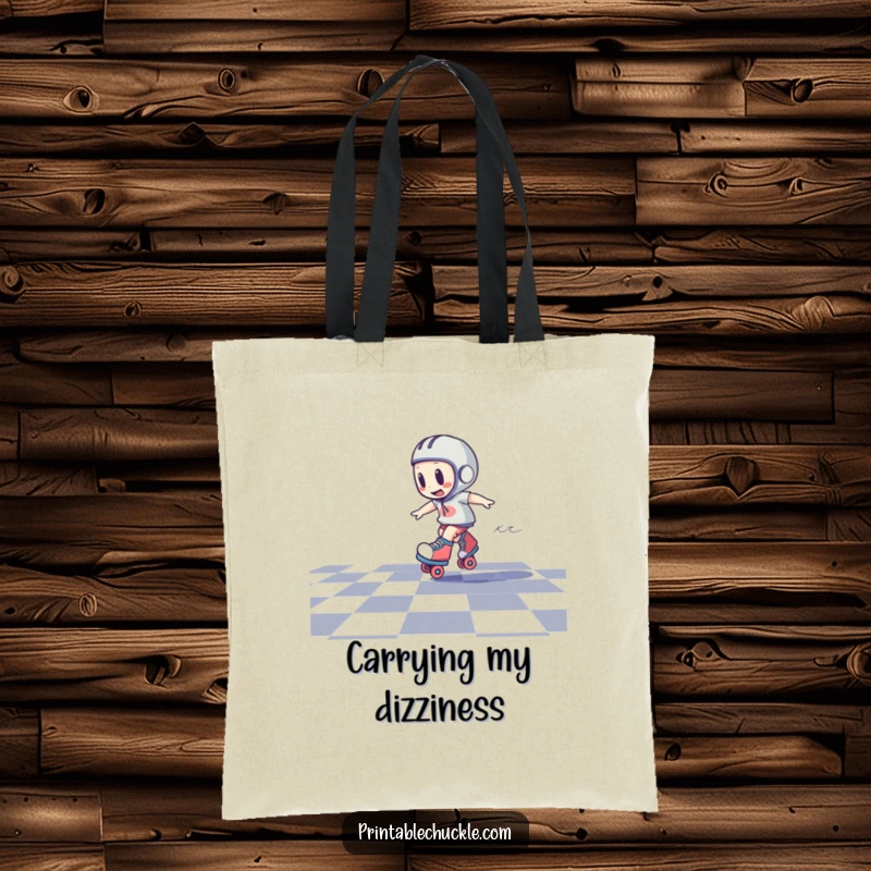 Funny canvas tote bag showing a roller skate character in a dizzying spin on a checkered floor, a dynamic and humorous design.
