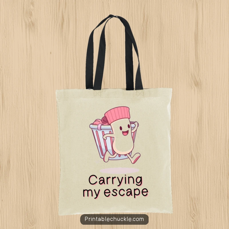 Funny tote bag depicting a sock with legs running away from a laundry basket, perfect for carrying items.