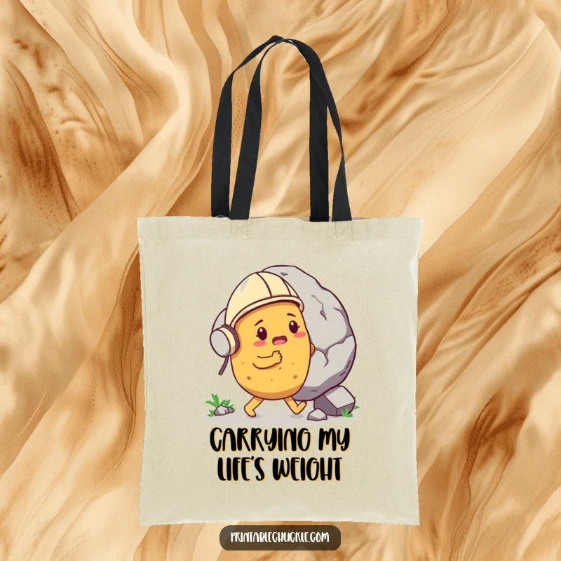 Funny determined potato wearing a tiny helmet, pushing a gigantic boulder, on a tote bag, showcasing hilarious effort, a funny gift.