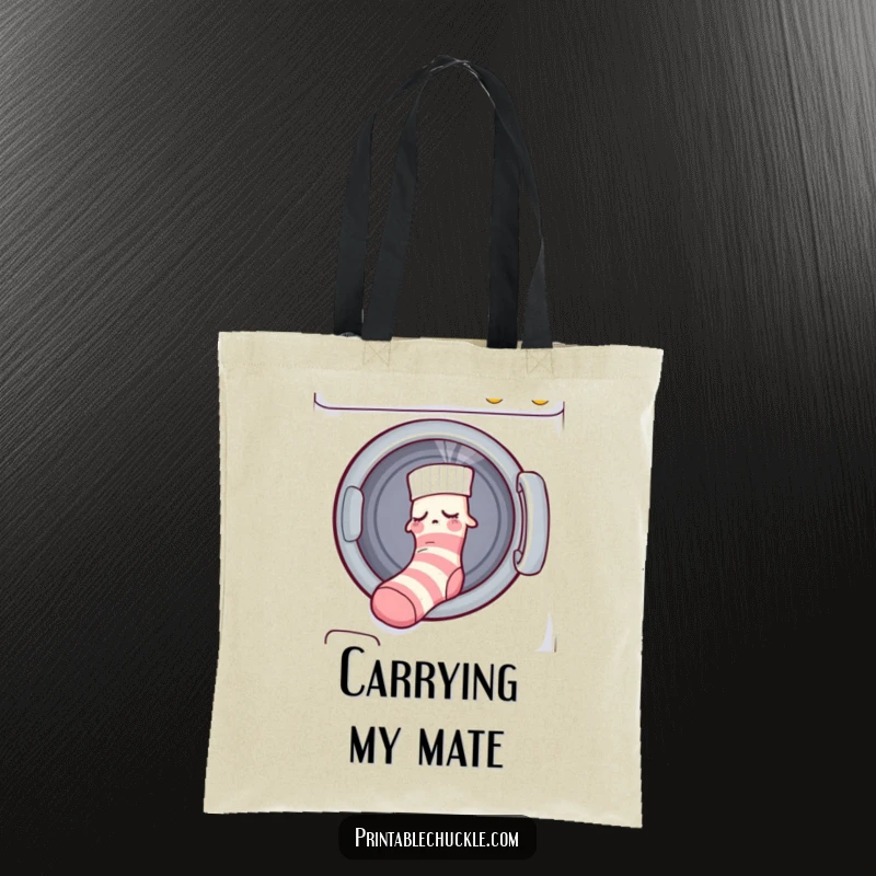 Funny tote bag with a sleepy sock being pulled into a dryer by an unseen force, a humorous accessory.