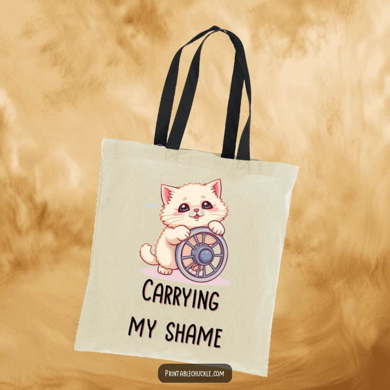 Funny cat tote bag showing a fluffy cat hilariously falling while using a tiny ab wheel, ideal for shopping.
