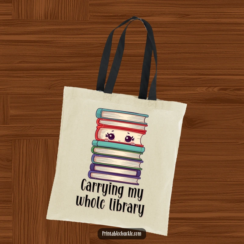 Funny tote bag showcasing a timid book peeking from behind a massive book pile, ready to hold your essentials.