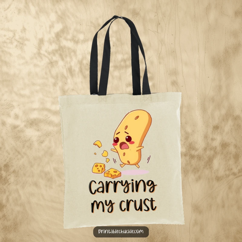 Funny tote bag showcasing a startled baguette frantically dodging falling cheese, a humorous and practical accessory for carrying items.
