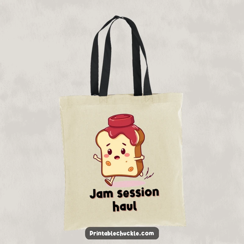 Funny tote bag featuring a convinced bread slice character being chased by a giggling jar of jam, perfect for carrying essentials with breakfast humor.