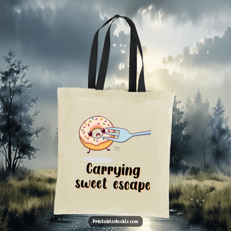 Funny tote bag with a nervous donut with sprinkles being chased by a giant fork, a humorous accessory for carrying essentials.