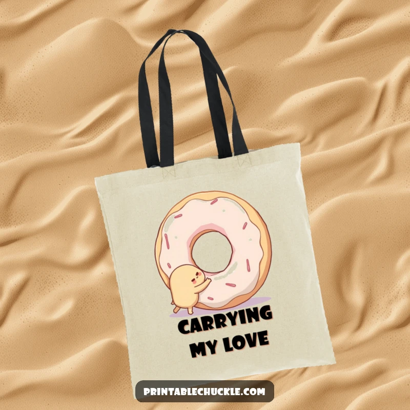 Funny tote bag featuring a shy donut hugging a giant, smiling doughnut hole, perfect for carrying items.