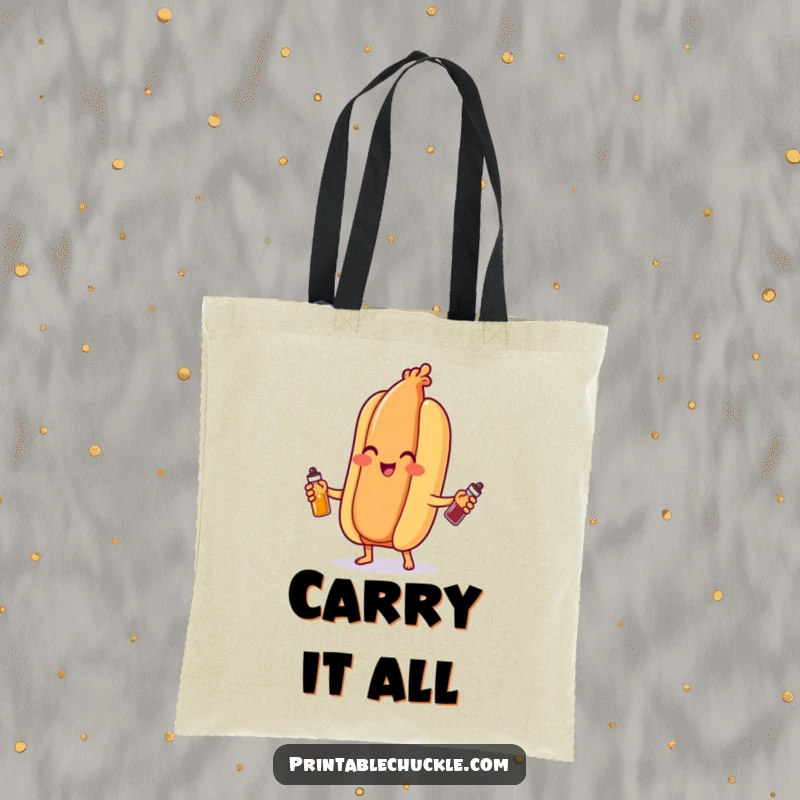 Funny hot dog tote bag, expertly juggling tiny bottles of ketchup and mustard, a whimsical and practical carry-all.