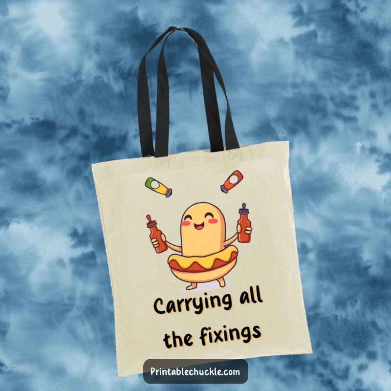Funny tote bag with a smiling hot dog juggling tiny condiment bottles, a humorous accessory for carrying essentials.