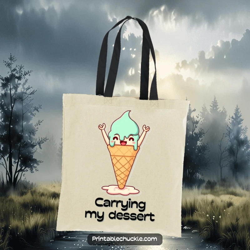 Funny tote bag with a triumphant melted ice cream cone, perfect for carrying summer treats and smiles.